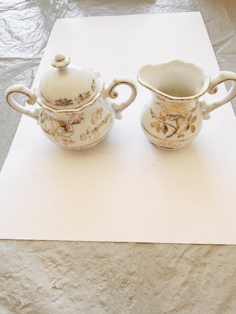 Norcrest Gold Rose 50th Anniversary Cream and Sugar Set Vintage Japan 3 Inches